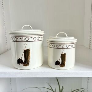 Marble Canyon Enamelware Canister Set Of 2 Equestrian Boots Helmet Quirt Irons